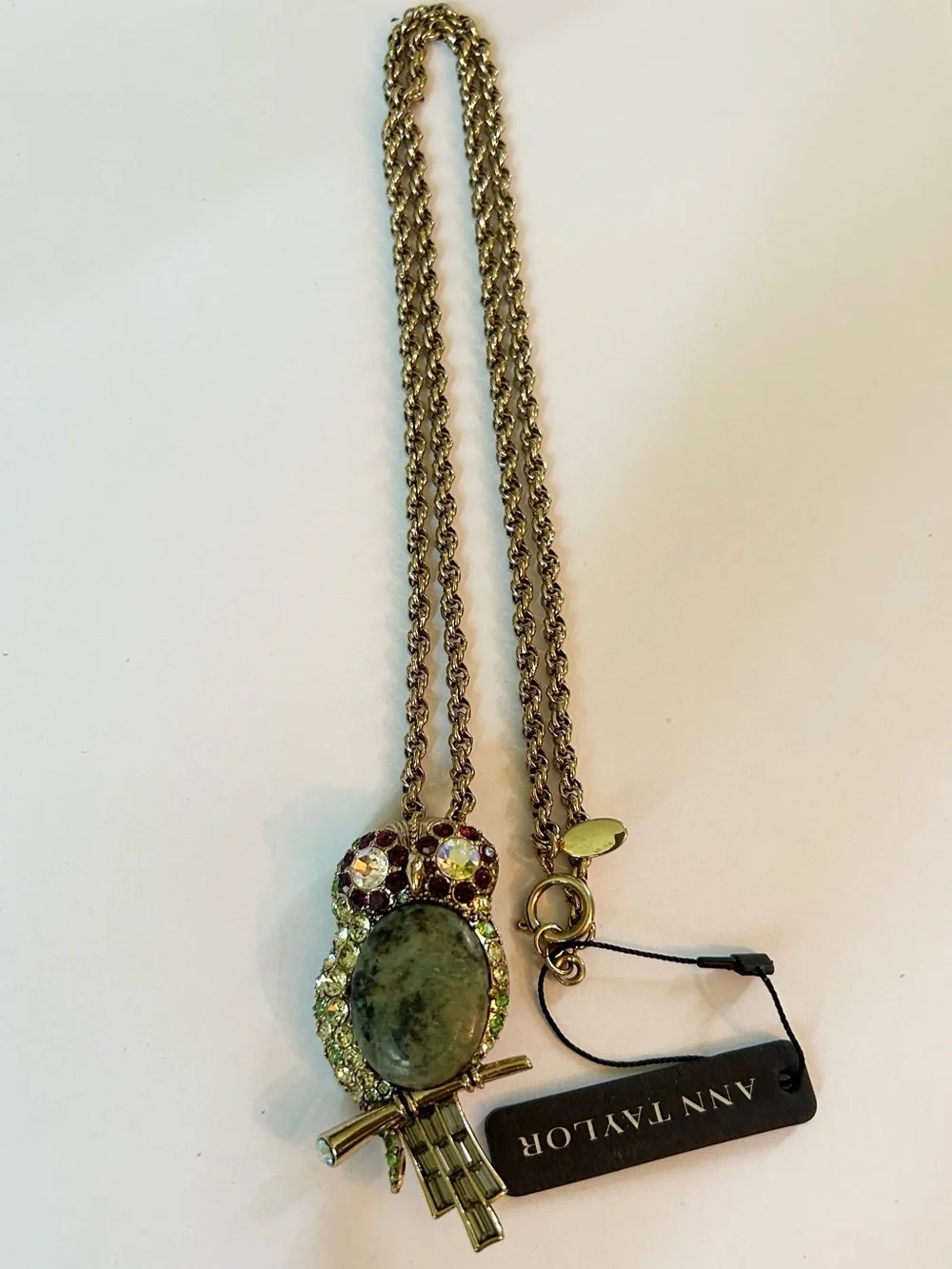 Ann Taylor Gold-Tone Pendant Necklace with Green Stone and Multicolor Crystals